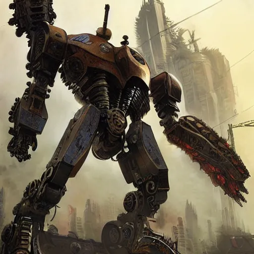 Prompt: pacific rim robots standing in a battlefield, steam punk, 70's sci-fi, extremely detailed digital painting, in the style of Fenghua Zhong and Ruan Jia and Jermy lipking and peter mohrbacher, mystic colors, highly detailed, deep aesthetic, 8k, highly ornate intricate details, cinematic lighting, rich colors, digital artwork, ray tracing, hyperrealistic, photorealistic, cinematic landscape, trending on artstation,