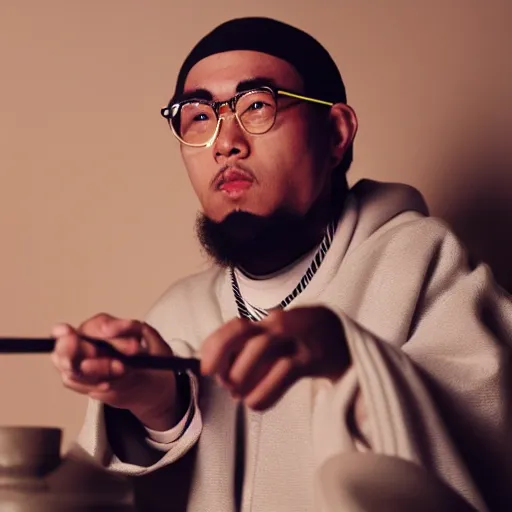 Image similar to cinematic film still of rapper DDG starring as a Japanese Sensei with fire, Japanese CGI, VFX, 2003, 40mm lens, shallow depth of field, film photography