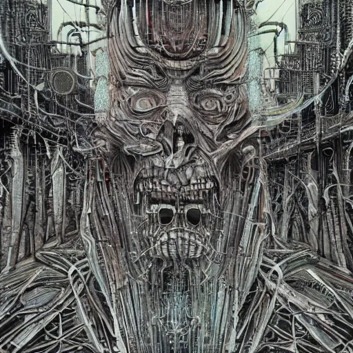 Prompt: humanity being destroyed by ai, hyper detailed, brutalism, in the style of h. r. giger, boris groh, alex grey, n - 4