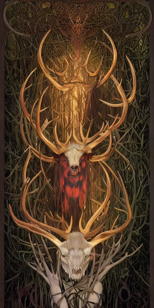 Image similar to intense glowing black metal pagan god with antlers and intense glowing eyes with a goat skull in very dark forest by karol bak and josan gonzales and moebius and alphonse mucha, portrait, studio muti, malika favre, rhads, makoto