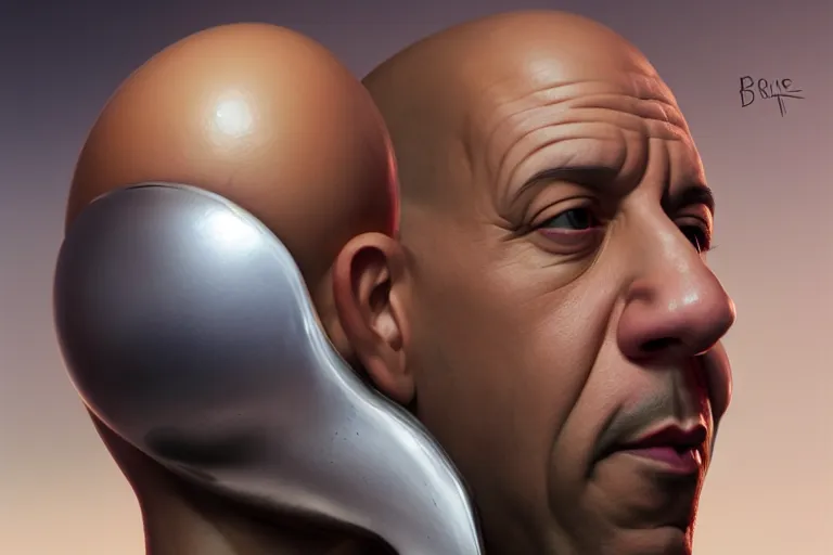 Prompt: vin diesel head in egg cup, silver egg cup, head is an egg, hyper detailed, digital art, artstation, cinematic lighting, studio quality, smooth render, by boris vallejo, android jones, artgerm, caravaggio