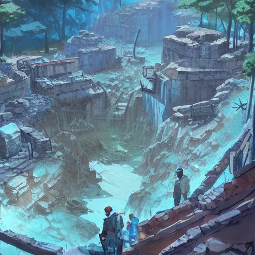 Image similar to concept art painting of a mine mineshaft with blue crystals, realistic, detailed, cel shaded, in the style of makoto shinkai and greg rutkowski and james gurney