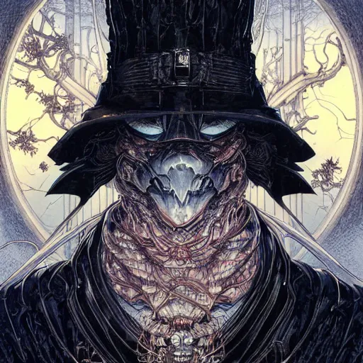 Image similar to portrait of dark wizard, symmetrical, by yoichi hatakenaka, masamune shirow, josan gonzales and dan mumford, ayami kojima, takato yamamoto, barclay shaw, karol bak, yukito kishiro