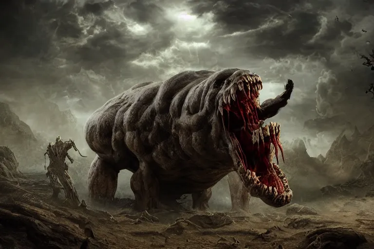 Image similar to a giant disgusting behemoth made of muscles and flesh, very angry, teeth, ambient light, terror, glows, realistic, photo-realism, hyper realism, picture, detailed, 3D render, scary, distant shot, in the distance,