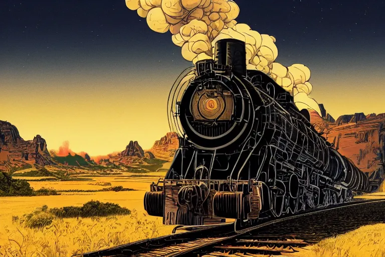 Image similar to old western freight train illustration by joe fenton and syd mead and p. craig russell and barry windsor - smith, artstation, 4 k, graphic novel, concept art, matte painting, steam engine spewing billowy white clouds of steam, beautiful idyllic mountain desert sunset background, golden hour, art nouveau