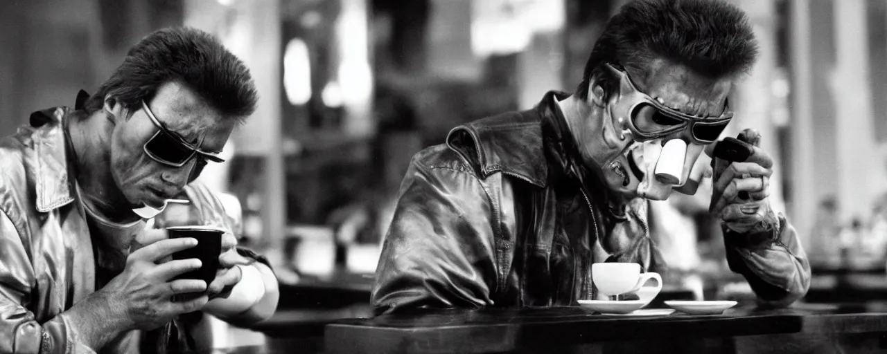 Image similar to the terminator drinking coffee at a restaurant, cinematic composition, anamorphic lens, 1 9 8 0 s, stanley kubrik, kodak film stock