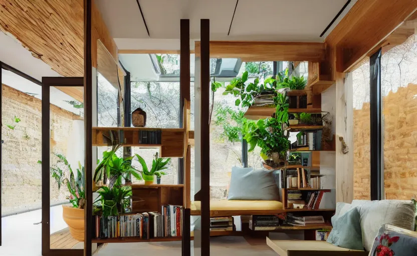 Image similar to interior desing magazine photo of a big window with a wooden frame to sit on, some sandy yellow pillows, there are some books on a small integrated shelf, hanging plants, great architecture, ambient light, 8k