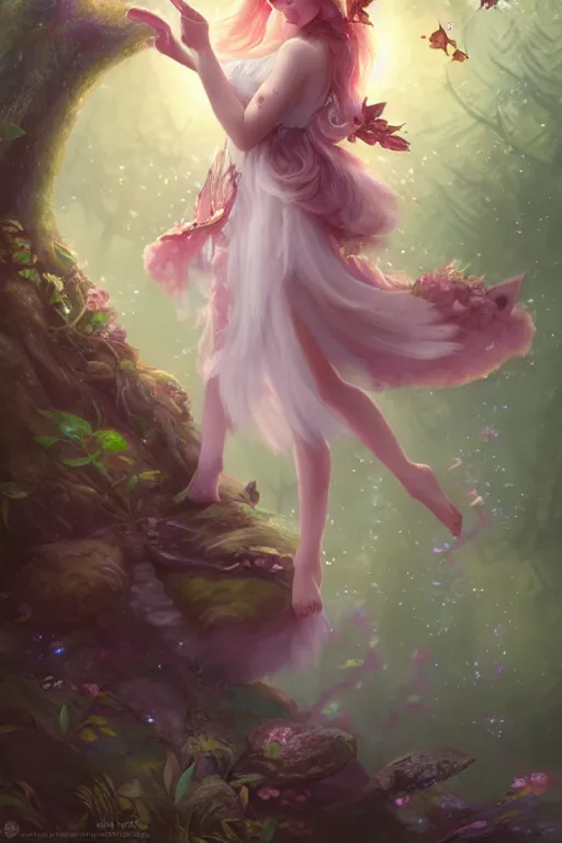 Image similar to a cute fairy in the dreamy forest, fantasy, 8 k resolution, hyper detailed, d & d, character design, digital painting, trending on artstation, sharp focus, illustration, art by artgerm, steve zheng, fuji choko, viktoria gavrilenko, hoang lap