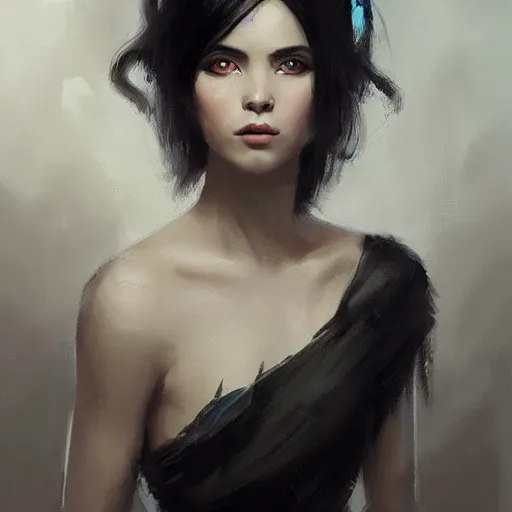 Image similar to portrait painting of female forest elf black hair, black dress, dramatic light, 8 k, by greg rutkowski