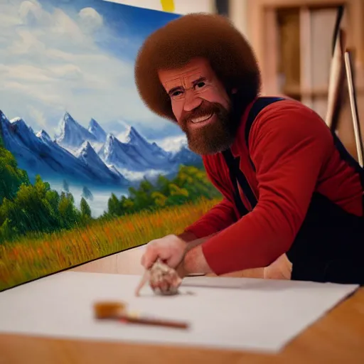 Image similar to a closeup photorealistic photograph of bob ross working on a canvas painting of deadpool. film still. brightly lit scene. mountains and trees. this 4 k hd image is trending on artstation, featured on behance, well - rendered, extra crisp, features intricate detail, epic composition and the style of unreal engine.