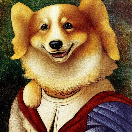 Image similar to corgi dog in cosmos painting, leonardo da vinci style