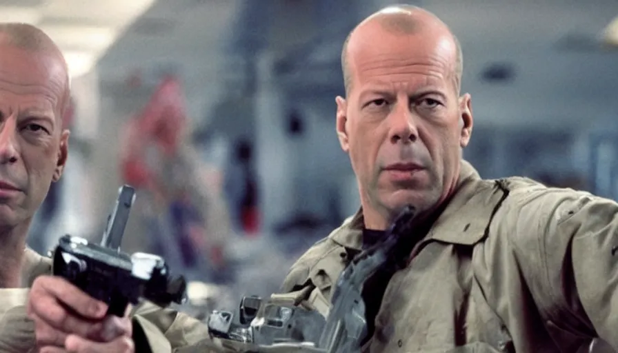 Prompt: big budget action movie about Bruce Willis destroying a children's hospital.