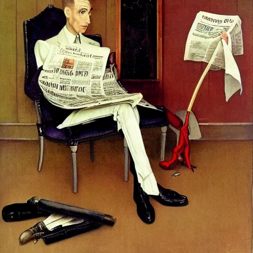 Image similar to a thin vampire wearing a suit reads a newspaper in the living room, painted by norman rockwell and tom lovell and frank schoonover