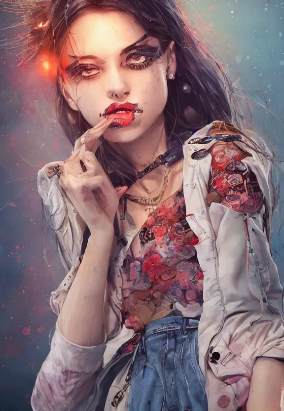 Prompt: full body illustration of a girl with eyes that burn like cigarettes wearing a short mini skirt and a long jacket with fingernails that shine like justice, dramatic lighting, photorealistic, full body portrait, detailed anatomy, extreme detail, 4 k, colorful, confident, artgerm and ben lo and mucha, octane render, detailed face, f / 2. 8