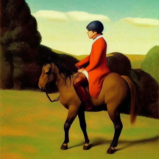 Image similar to a horse-riding-adventure by Raphael, Hopper, and Rene Magritte. detailed, romantic, enchanting, trending on artstation.