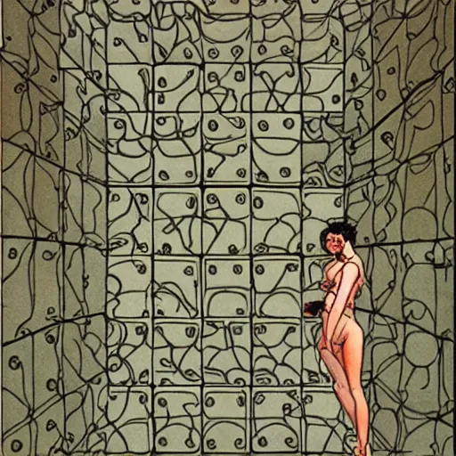 Image similar to milo manara art of woman exploring a giant menger sponge