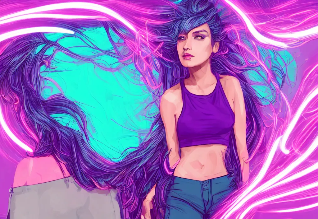 Image similar to a award winning half body portrait of a beautiful woman in a croptop and cargo pants with ombre purple pink teal hairstyle surrounded by whirling illuminated lines, outrun, vaporware, shaded flat illustration, digital art, trending on artstation, highly detailed, fine detail, intricate