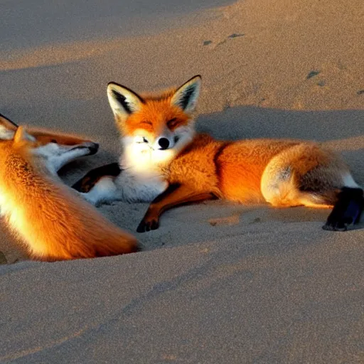 Prompt: foxes sleeping on a beach on a sunny day, sand and water, peaceful ambience