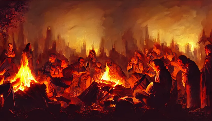 Prompt: a great inquisitor are roasting marshmallows on a campfire, behind which is a village burning with fire, fine details, blood, digital art, volumetric lighting, cinematic light, photorealistic, by greg rutkowski, by marc simonetti, by giger, by caravaggio, perfect faces, fine details, 4 k,