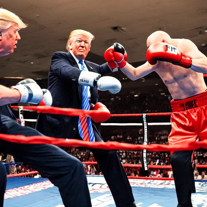 Prompt: donald trump in a boxing match with joe biden, high quality photo