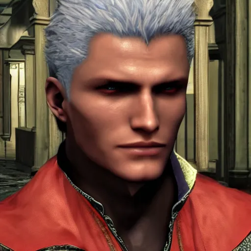 Image similar to Vergil, son of Sparda, beautiful, game screenshot, detailed face, aesthetic, realistic, soft lights, 2022 4k 60 fps