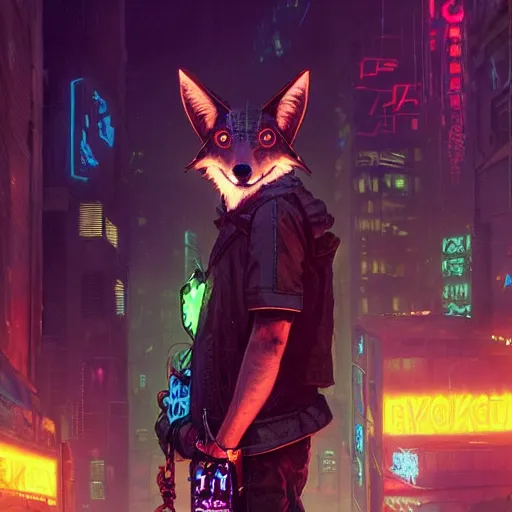 Image similar to anthropomorphic coyote character wearing black cyberpunk skater clothes with neon highlights in a cyberpunk city. Renowned character illustration by greg rutkowski, thomas kindkade, alphonse mucha, loish, norman rockwell. Trending on artstation 4k. Highly detailed. Digital art.