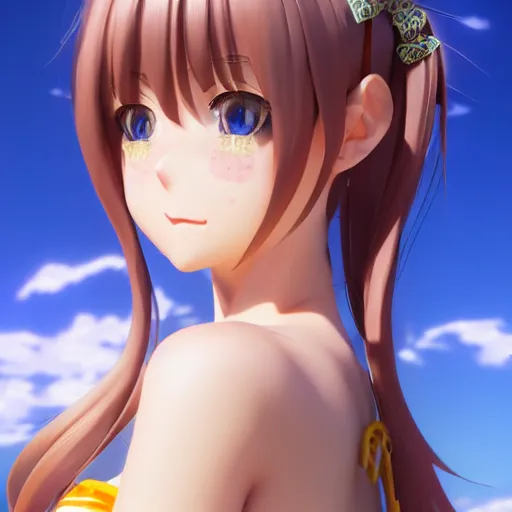 Prompt: Render of a very beautiful 3d anime girl, long hair, hazel eyes, cute freckles, full round face, cat ears, short smile, cute sundress, golden hour, serene beach setting, medium shot, mid-shot, highly detailed, trending on Artstation, Unreal Engine 4k