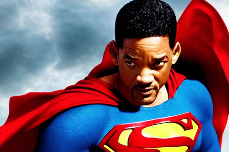 Image similar to promotional image of will smith as superman in the new superman movie, detailed face, movie still frame, promotional image, imax 70 mm footage