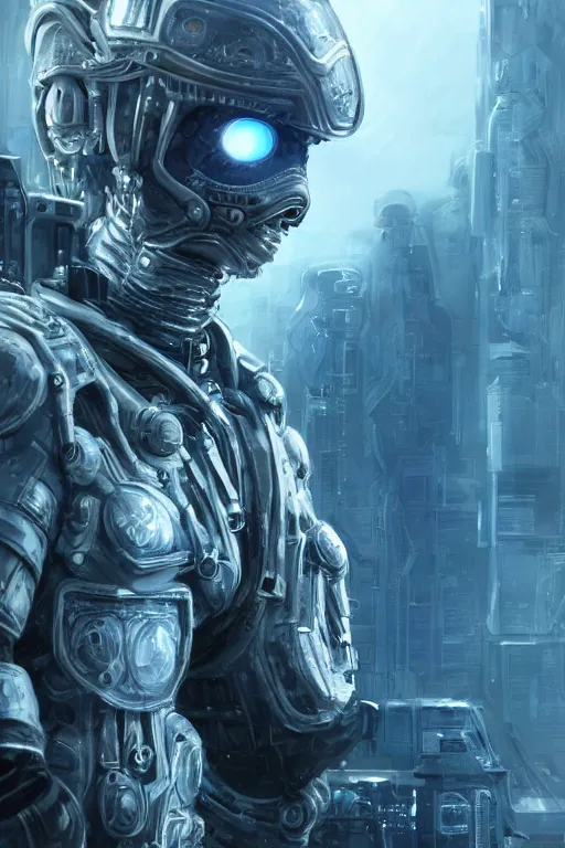 Image similar to ultra realist and ultra intricate detailed soft painting of a sci-fi armored male, from the waist up, porcelain skin, symmetry features, glowing blue eyes, sensual gloomy style, volumetric clouds, cyberpunk window overlooking earth in background, artstation, unreal render, depth of field