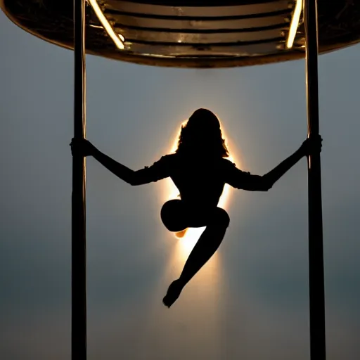 Image similar to pole dancer performing on carousel, beautiful lighting, silhouette.
