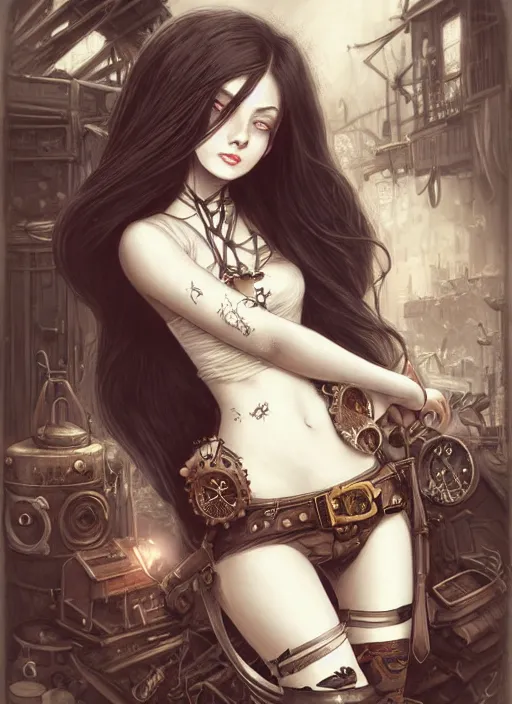 Image similar to daguerreotype of beautiful steampunk girl, white skin, long brunette hair, lipstick, short pants, belts, black croptop, junkyard, high fantasy, highly detailed, digital illustration, by rossdraws, sakimichan frank franzzeta