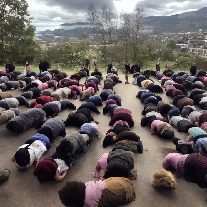 Image similar to humans praying to a giant cat god