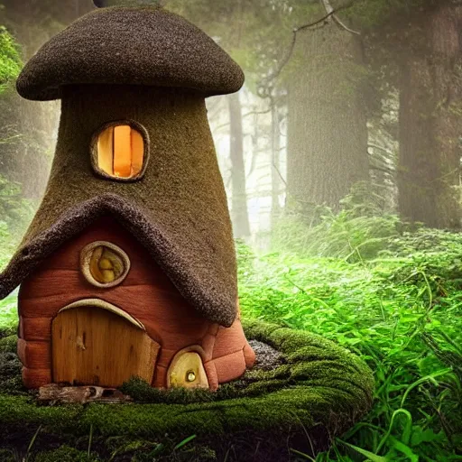 Image similar to A cute mushroom house with chimney, windows, growing on the enchanted forest floor. medium shot, might cinematic lighting, sharp, high detail, nature photography
