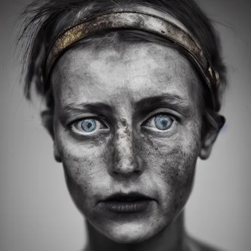 Image similar to Award Winning Portrait of a prehistoric weathered English Female with beautiful eyes wearing pelts and a leather headband by Lee Jeffries, 85mm ND 5, perfect lighting,