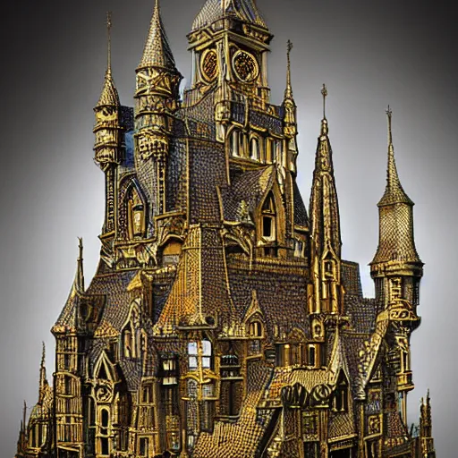 Prompt: An intricate detailed gothic golden castle by Christopher Lovell and H. P. Lovecraft