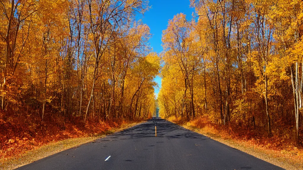 Image similar to a photograph of a country road lined on both sides by maple and poplar trees, in the autumn, red orange and yellow leaves, some leaves have fallen and are under the trees and on the road