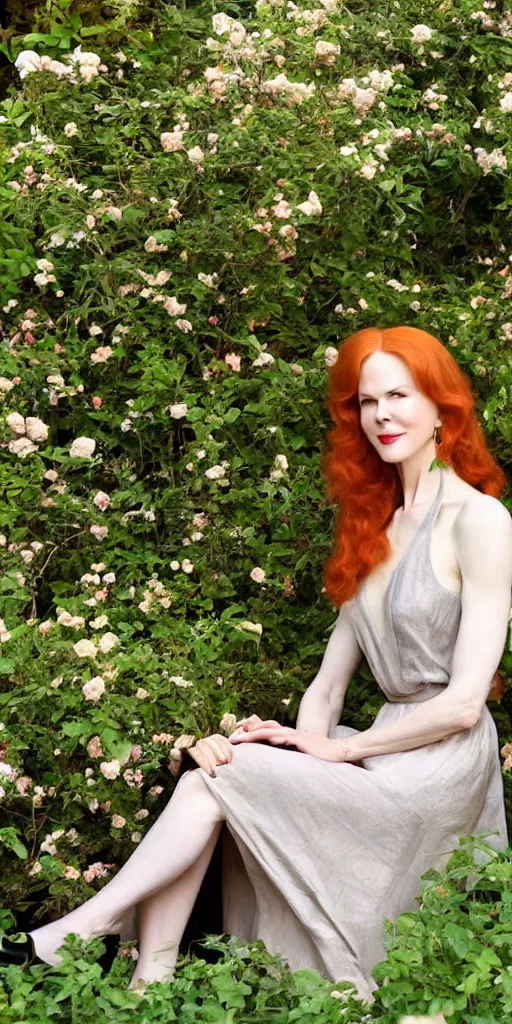 Image similar to beautiful redhead woman, nicole kidman, long hair, beautiful dress, 1930, out of focus, sitting in green garden