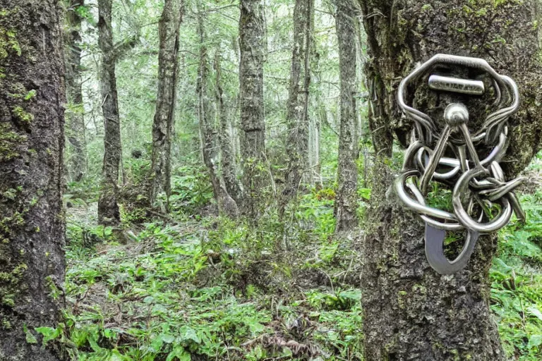 Prompt: photograph of a fantasy style shackle in an ancient forest