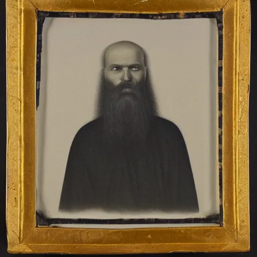 Image similar to charcoal portrait of an early 20th century russian orthodox priest, bald