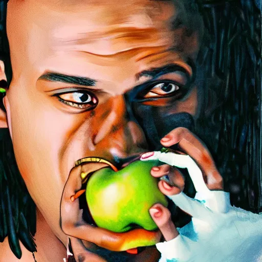 Prompt: caricature of travis scott eating apple, artstation, 8 k, cgsociety, high detalied, high quality,