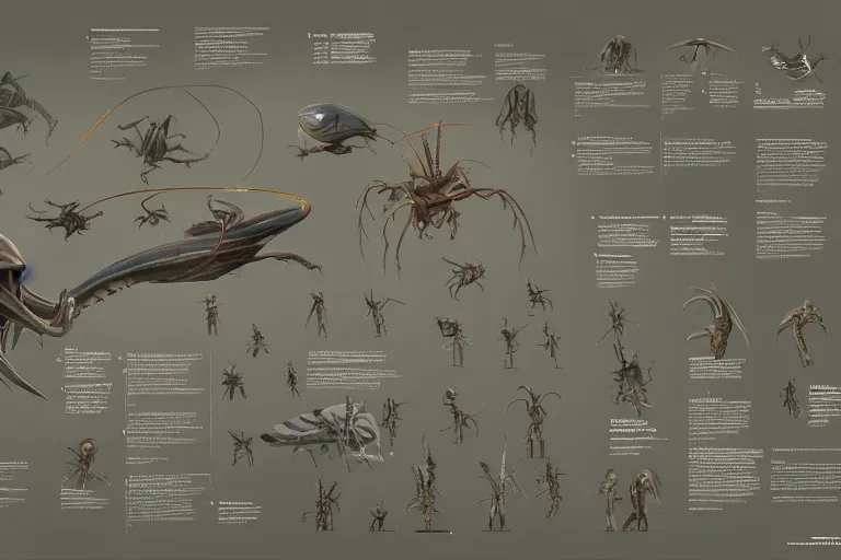 Prompt: schematic diagram of alien boss, biology, book, page, detailed, cross section, trending on artstation, cgsociety, Ralph McQuarrie and Greg Rutkowski