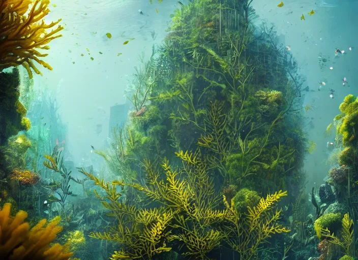 Image similar to overgrown foliage overtaking tall buildings, underwater environment, storefronts, coral, scenery, professional, award - winning, trending on artstation, detailed, realistic, beautiful, emotional, shiny, golden, picture