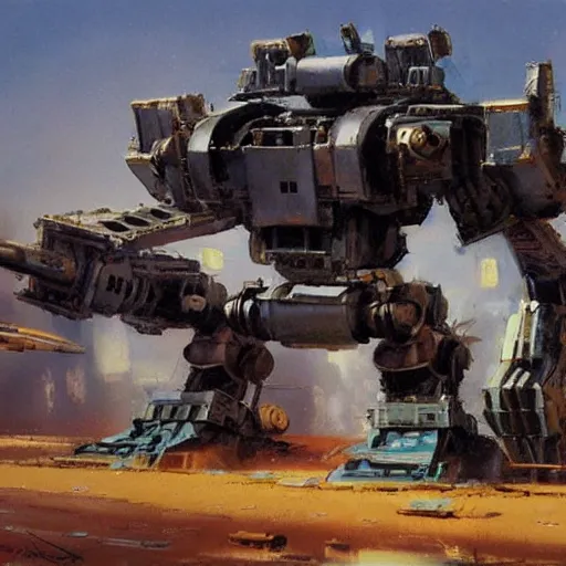 Image similar to a futuristic mech tank with six robot legs and a huge cannon, painting by john berkey