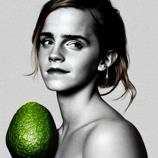 Image similar to photograph of emma watson with green avocado skin, anthropomorphic, photoshop