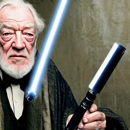 Prompt: michael gambon as albus dumbledore with a lightsaber