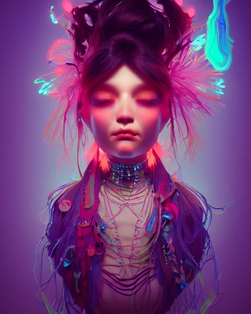 Image similar to a bioluminescent patchwork doll, highly detailed, digital painting, cinematic, hyperrealism, dark retrowave, art by stanley lau and artgerm and magali villeneuve and alphonse mucha, artstation, octane render, cgsociety