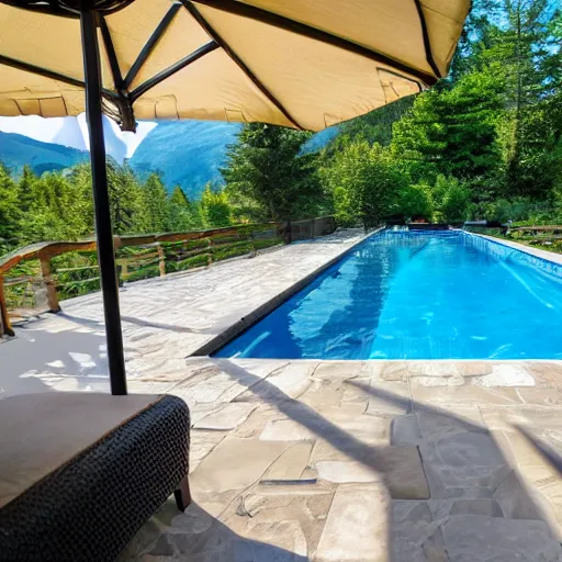 Prompt: patio with beautiful pool overlooking mountains