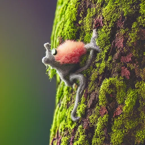 Prompt: a tiny cute mossy forest creature by bobby chiu, at sunset, macro photography, goro fujita