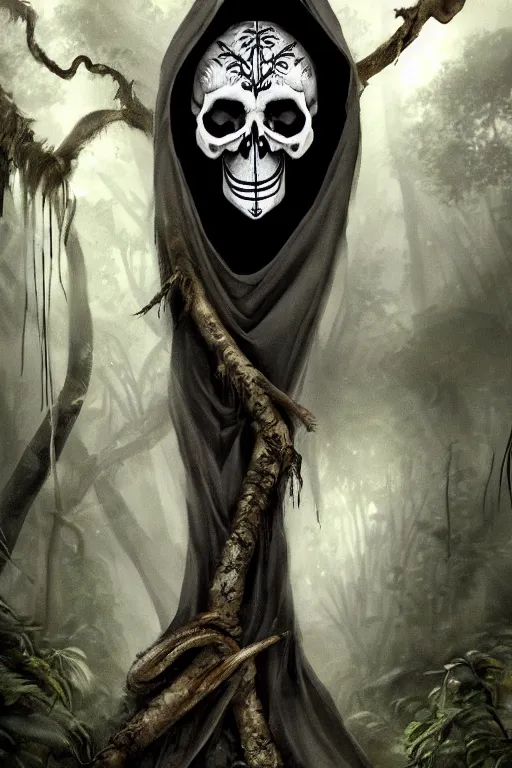 Prompt: Sad lonely skull faced Death wearing black cloak in the jungle. In the tree big eyed tarsius monkey watching, death is wearing cloak made of smoke and ashes, death is partly draped with bones, death , fantasy, intricate, elegant, highly detailed, digital painting, artstation, woamn is curved, concept art, smooth, sharp focus, illustration, art by Ilja Repin