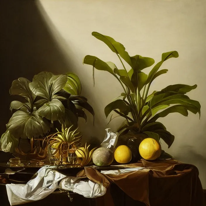 Image similar to still life painting of exotic alien plants by pieter claesz, oil on canvas, strong lighting, highly detailed, hyper realism, golden hour, god rays, hd, 4 k